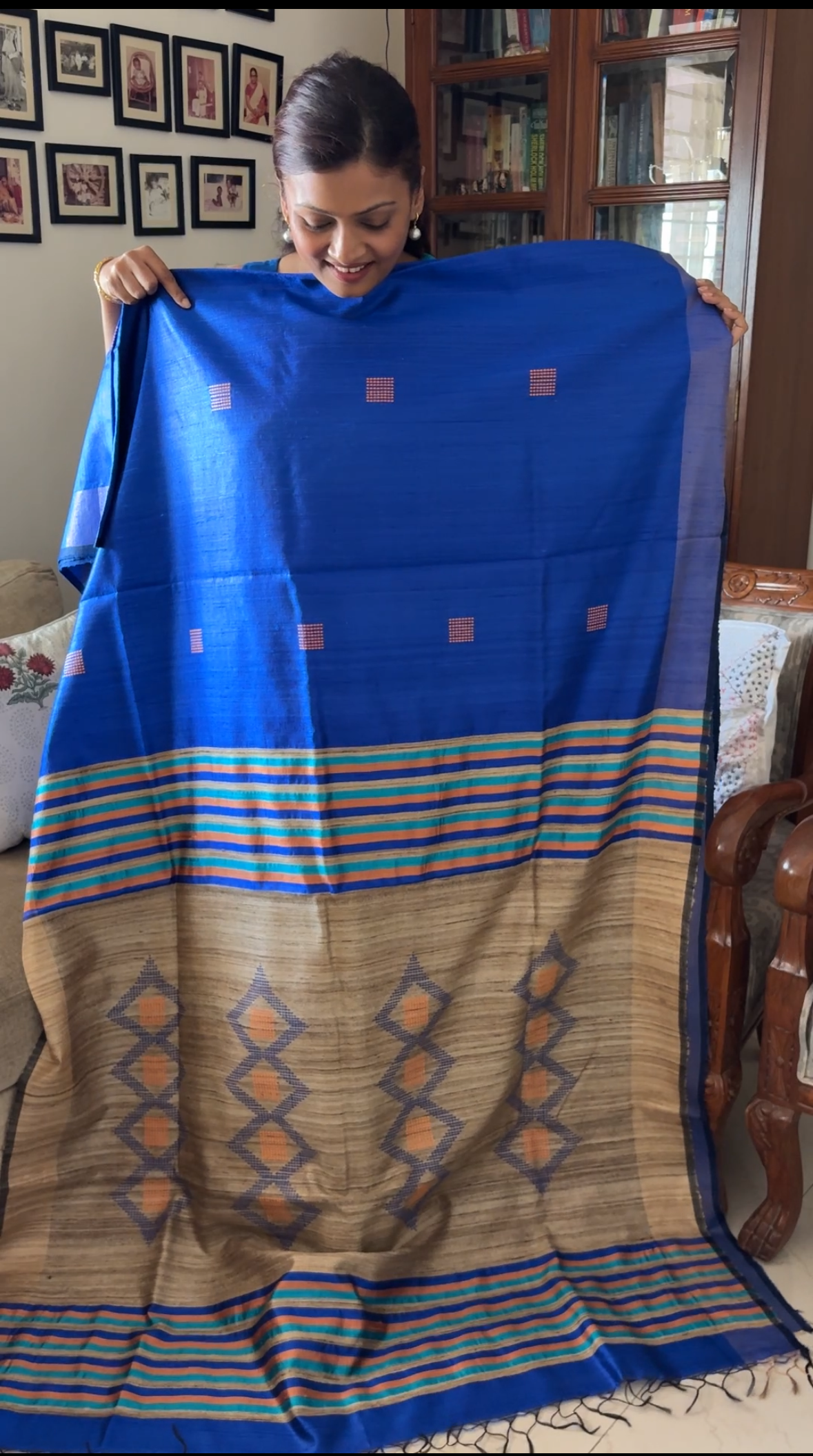 Pure Tusshar silk handloom saree - Blue and raw silk