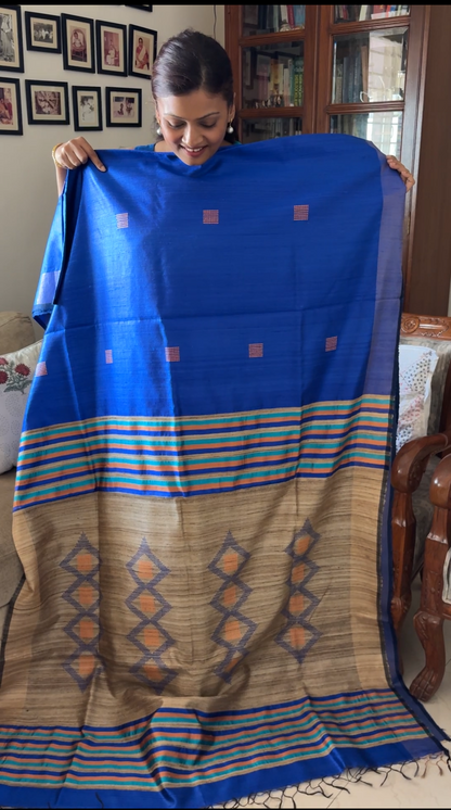 Pure Tusshar silk handloom saree - Blue and raw silk