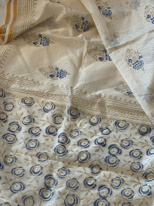 Hand block printed cotton silk saree - white