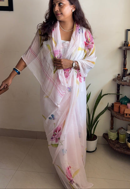 Handpainted chiffon saree - Blush Pink