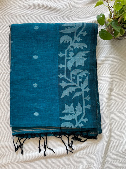 Handwoven soft cotton Jamdani saree - Blue
