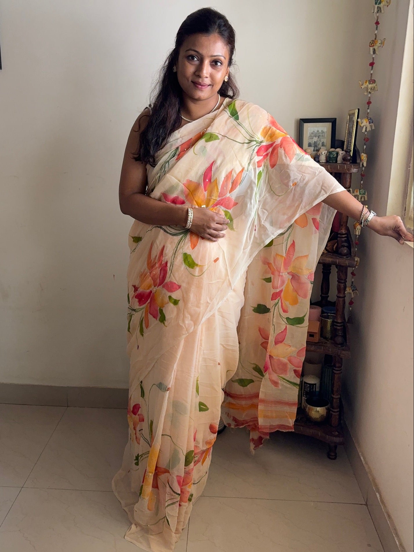 Hand-painted chiffon saree - peach with zari work
