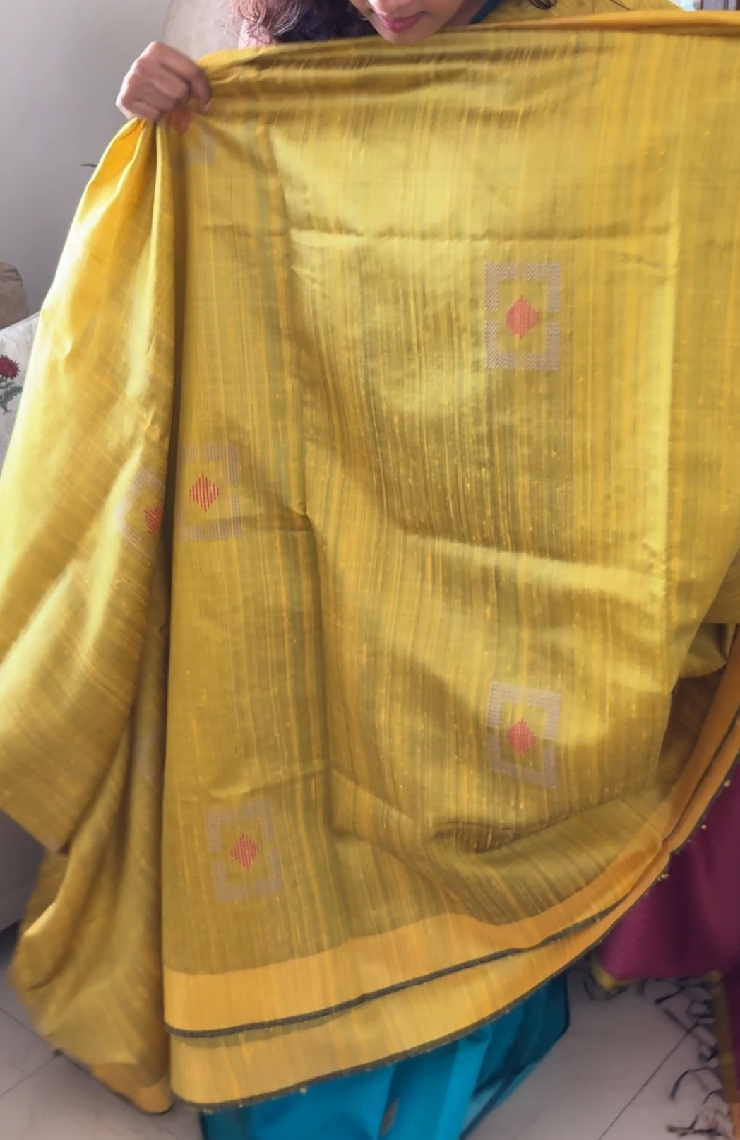 Pure Tusshar silk Handloom saree - Yellow pink