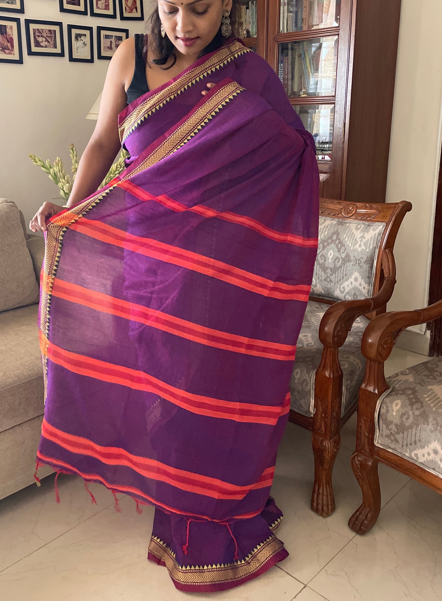 Handloom pure cotton saree with noksha border - purple