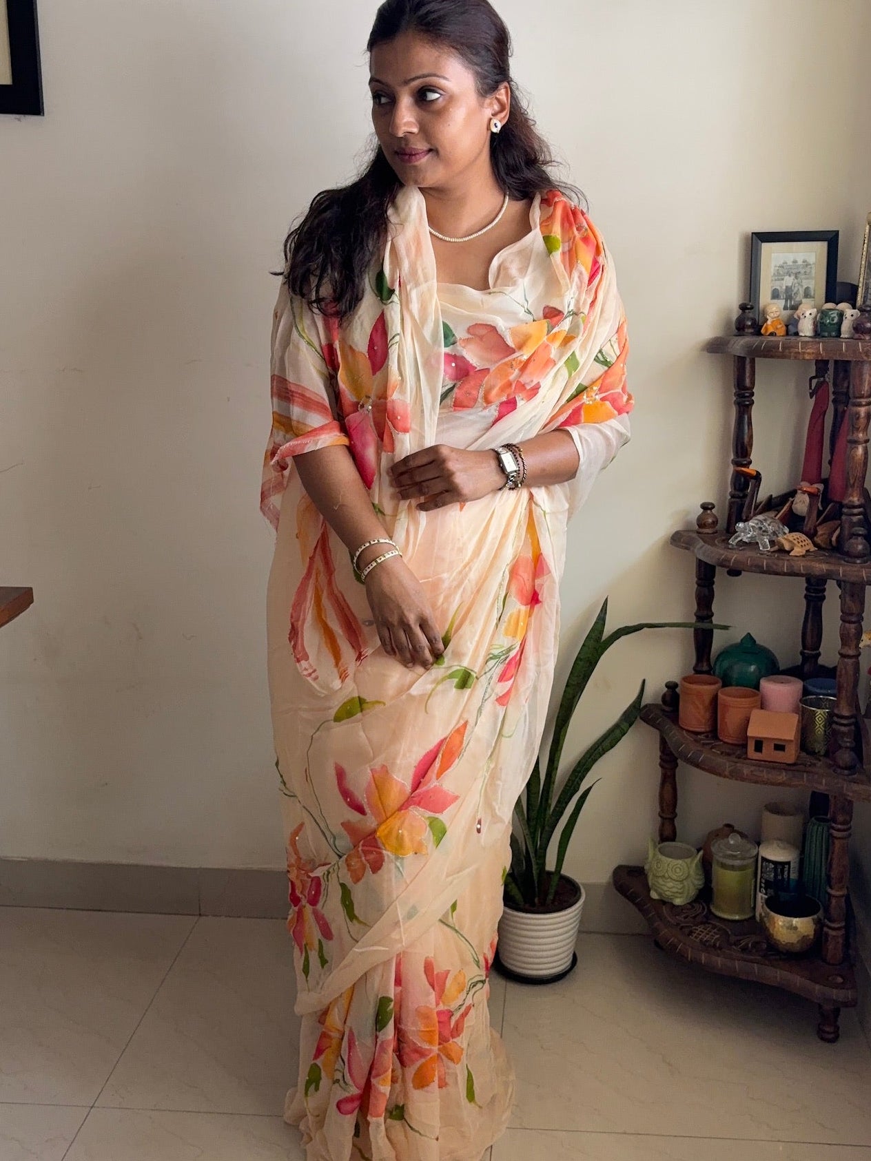 Hand-painted chiffon saree - peach with zari work