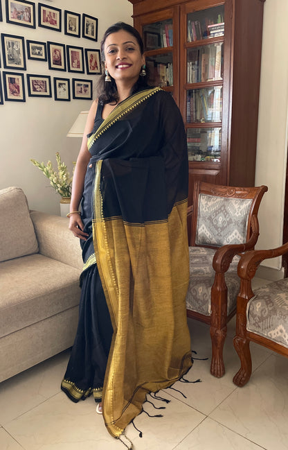 Handloom pure cotton saree with noksha border - black & mustard