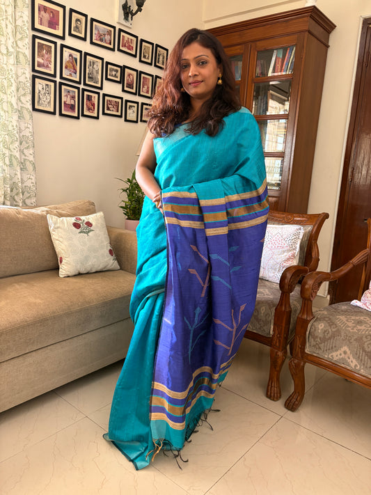 Pure 100% Tusshar silk with raw silk saree - Mohini Firoza blue