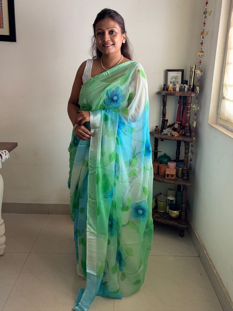Hand painted pure chiffon saree - Bluish green