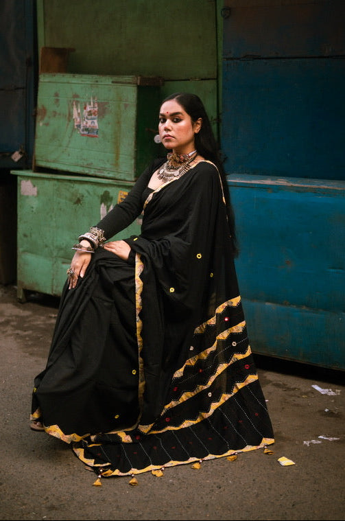 Black cotton patchwork saree - Black yellow