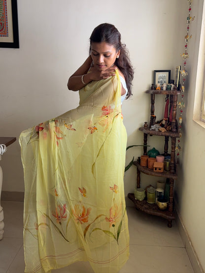 Handpainted chiffon saree - Yellow