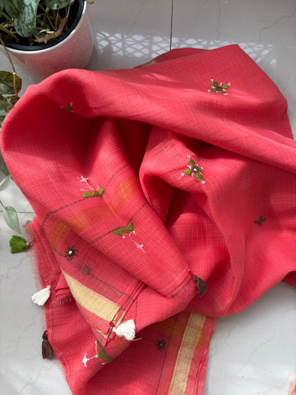 Kota cotton hand embroidered saree - Red