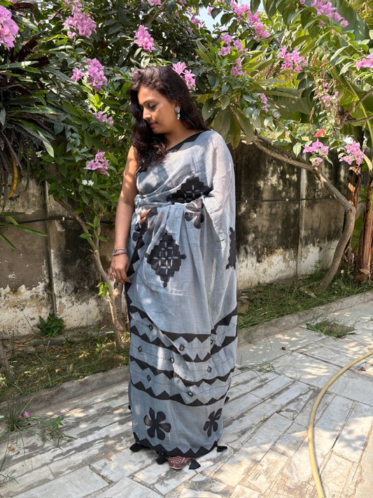 Kota cotton hand embroidered patchwork saree- Grey black