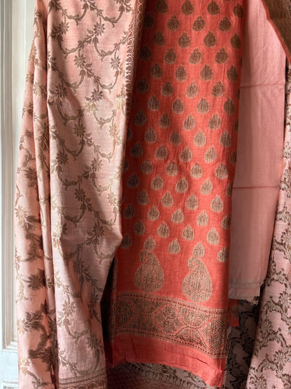 Muslin cotton 3 piece Banarasi suit material - Peach orange