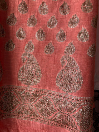 Muslin cotton 3 piece Banarasi suit material - Peach orange