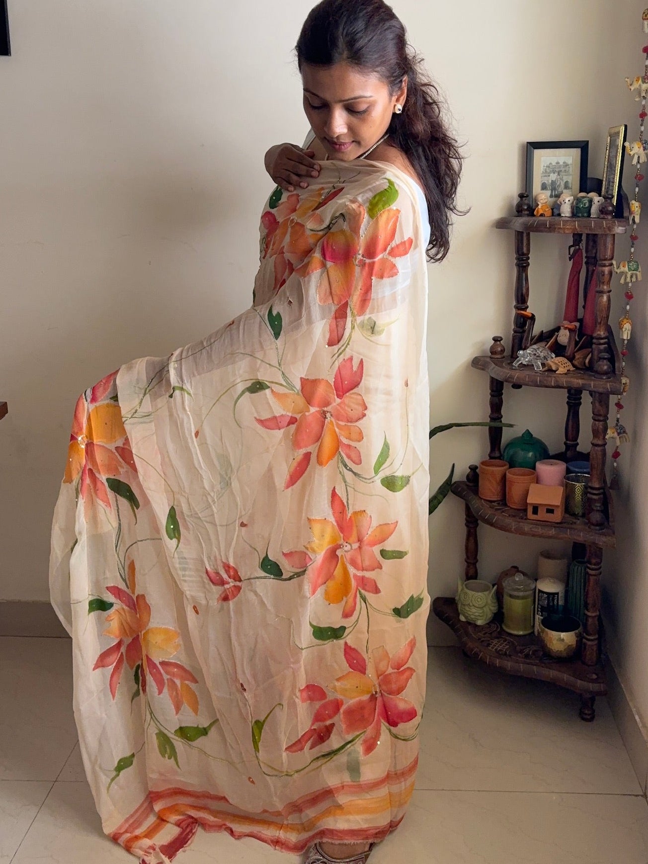 Hand-painted chiffon saree - peach with zari work