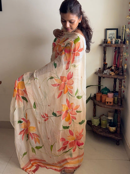 Hand-painted chiffon saree - peach with zari work