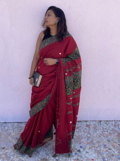 Handmade patchwork cotton saree - Red