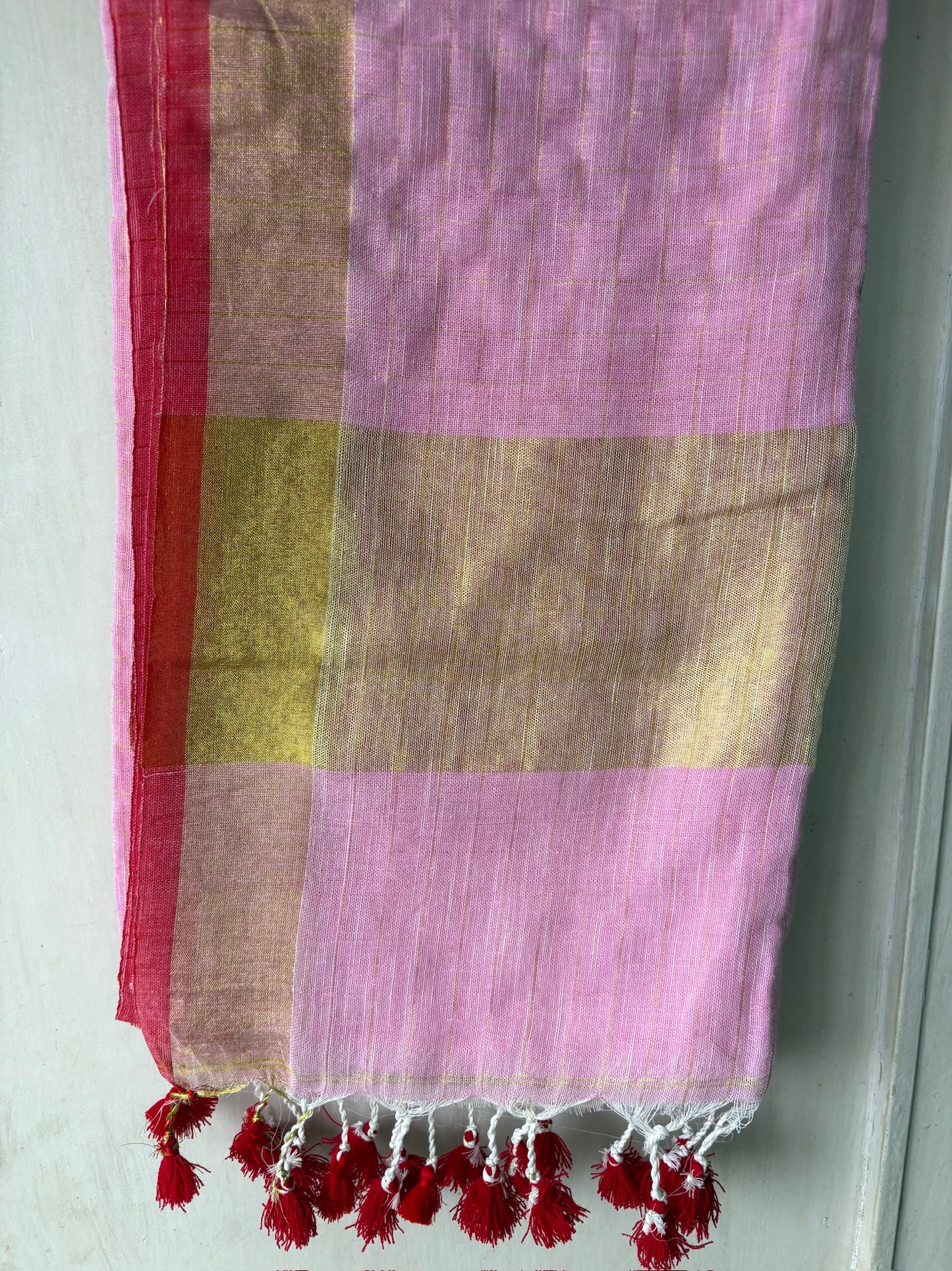 Linen handwoven check saree - baby pink