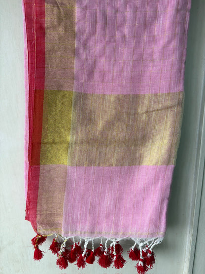 Linen handwoven check saree - baby pink
