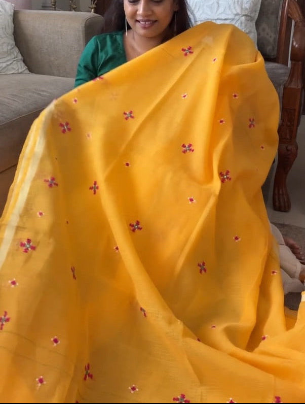 Kota Doria hand embroidered saree - Deep yellow