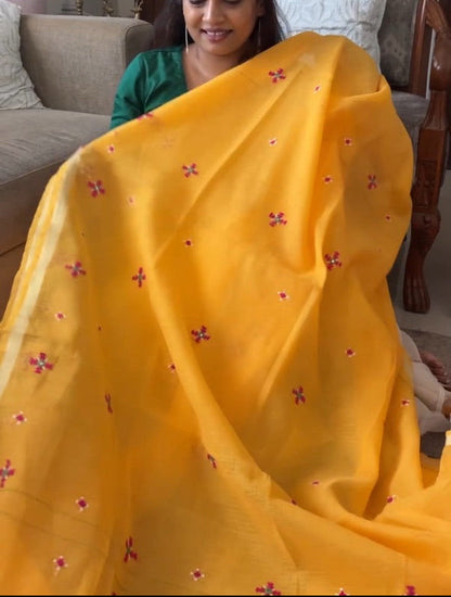 Kota Doria hand embroidered saree - Deep yellow