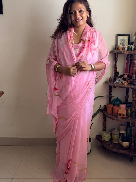 Handpainted chiffon saree - Pink 1