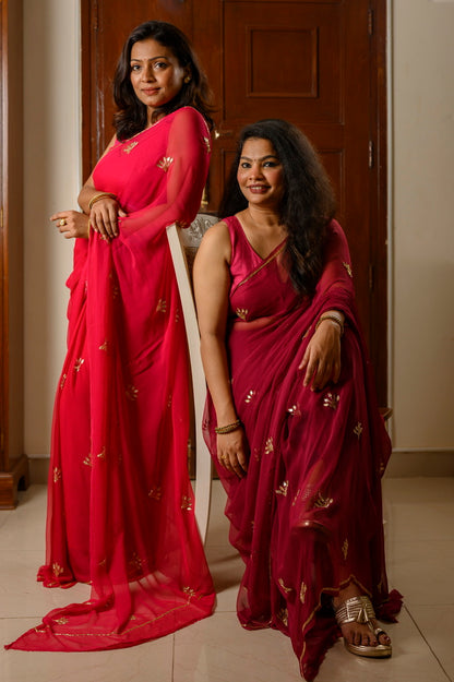 Chiffon beadwork saree - Red