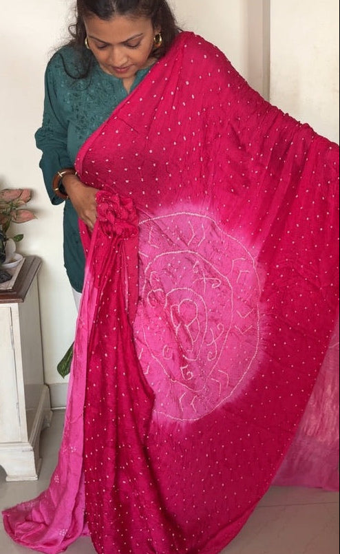 Bandhani Gajji silk saree with laadu design - Pink