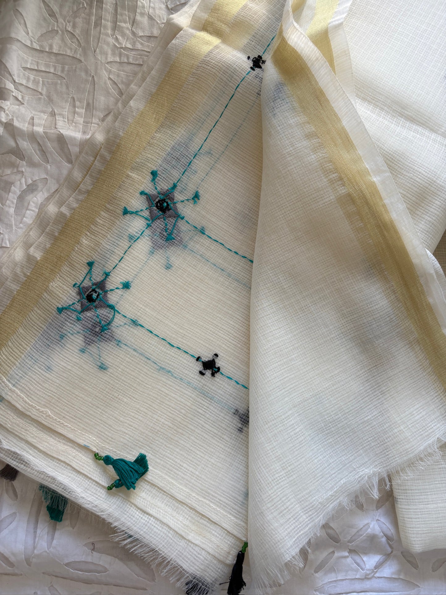 Kota Doria hand embroidered saree - White