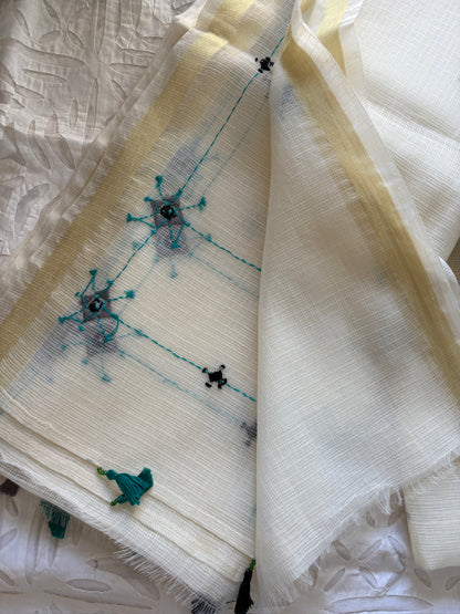 Kota Doria hand embroidered saree - White