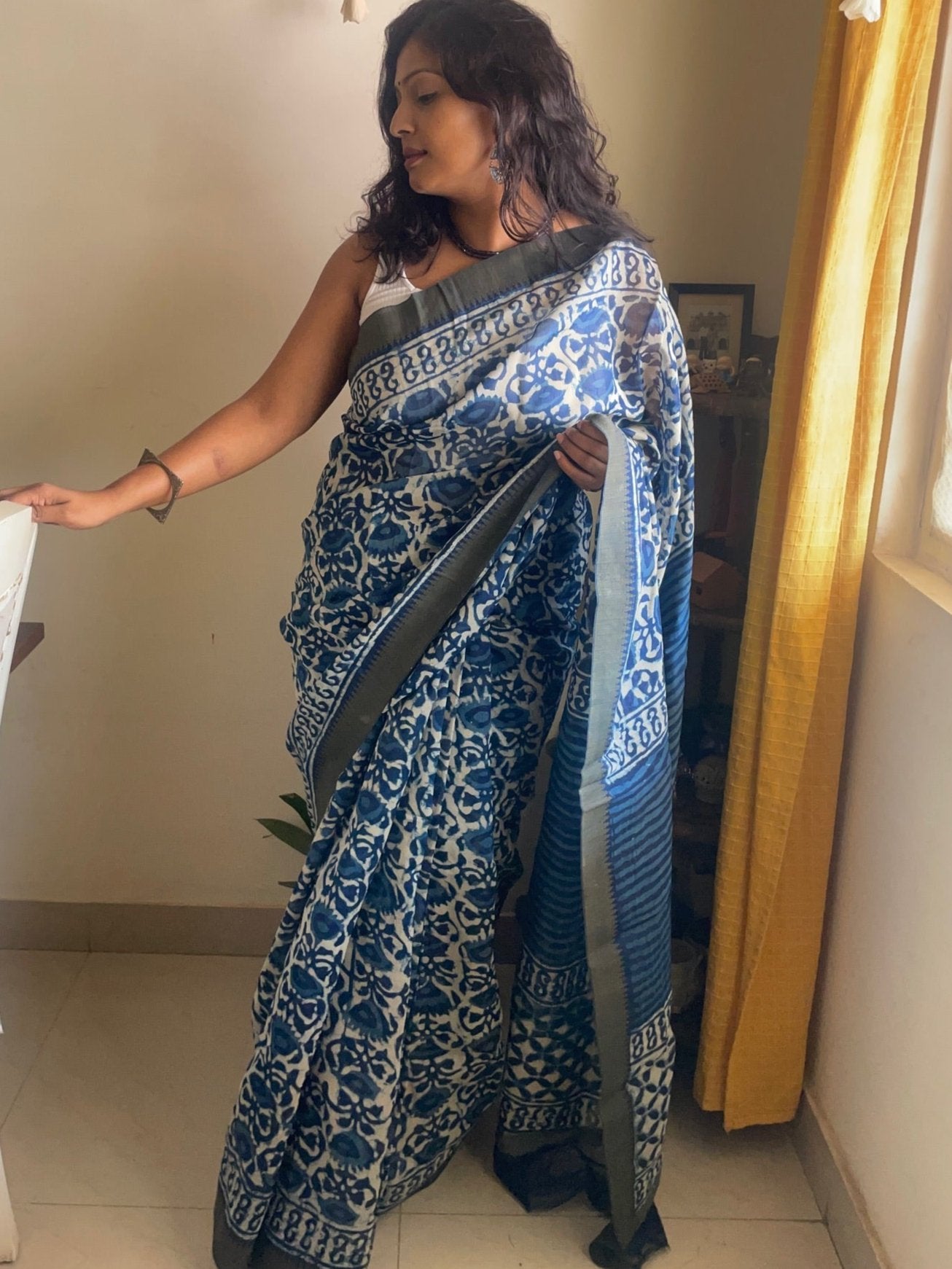 Maati Indigo - Handblock printed desi ghicha silk saree