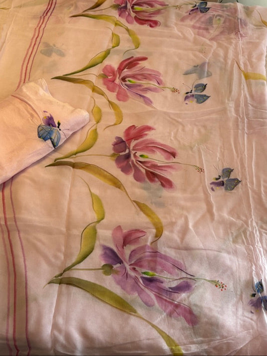 Handpainted chiffon saree - Blush Pink