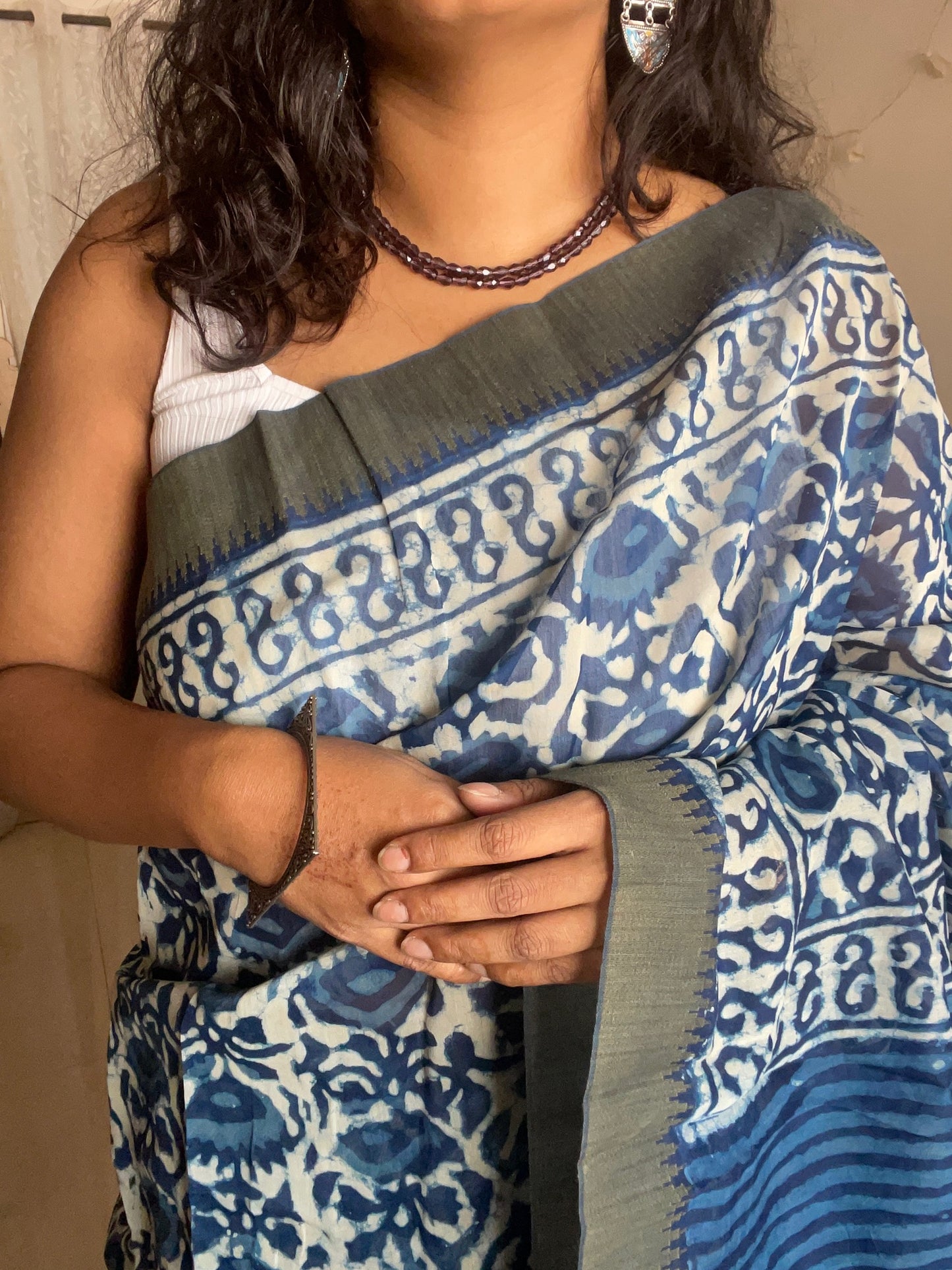 Maati Indigo - Handblock printed desi ghicha silk saree