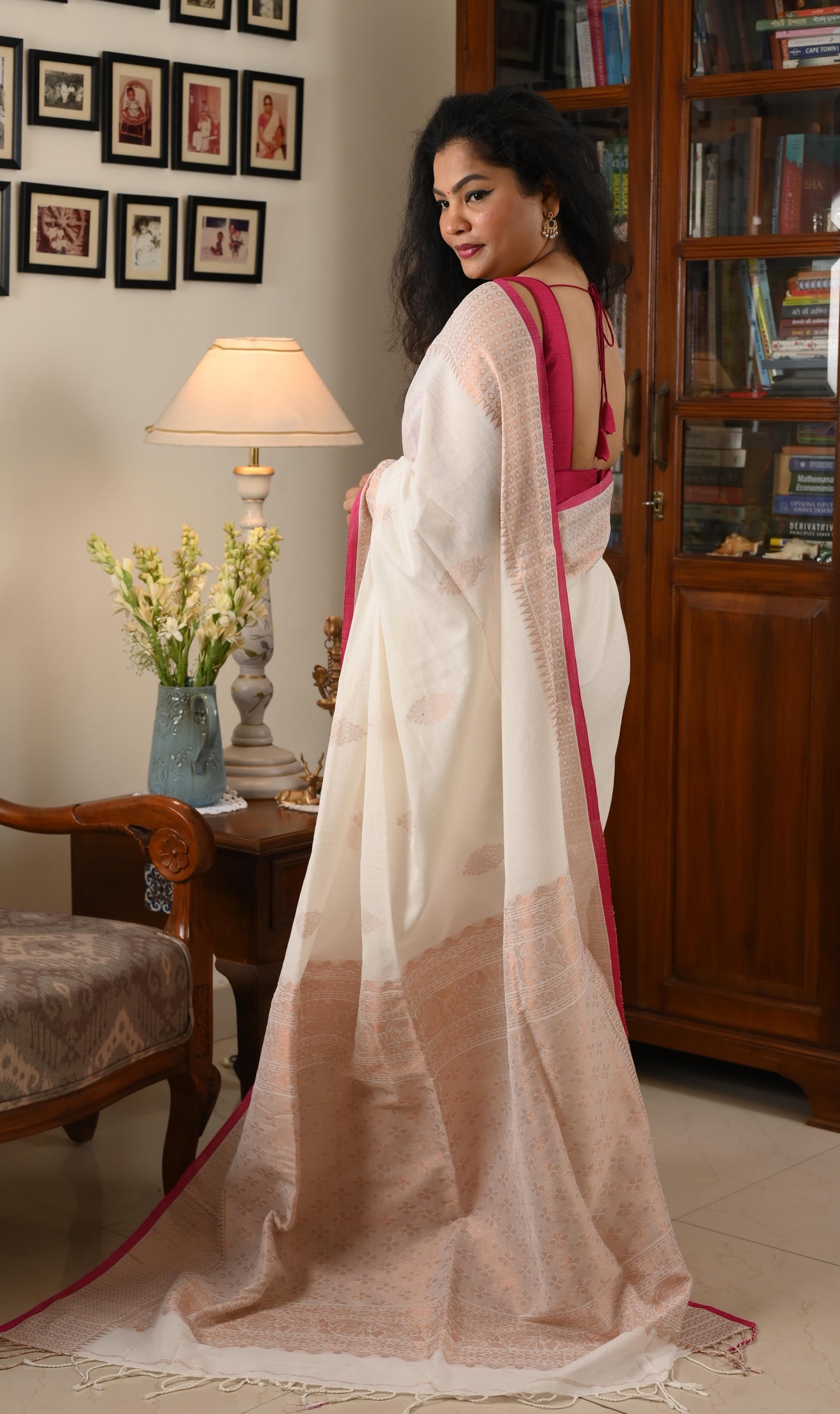 Sadhna Saree - White Jamdani with copper zari work