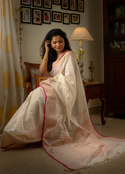 Sadhna Saree - White Jamdani with copper zari work