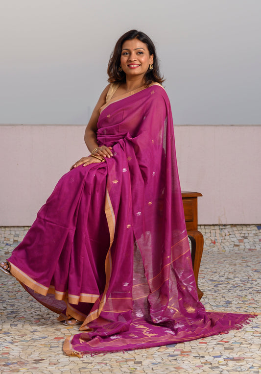 Pure cotton Jamdani saree with zari - Rani pink