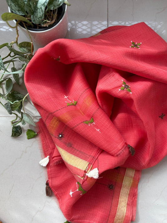 Kota cotton hand embroidered saree - Red