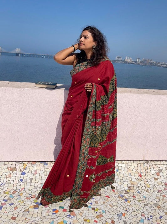 Handmade patchwork cotton saree - Red
