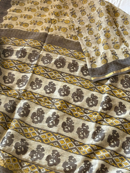 Vanaspati Hand block printed cotton silk saree - Brown