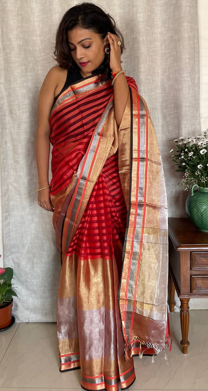 Pure Organza silk saree with Tissue - Red Gold
