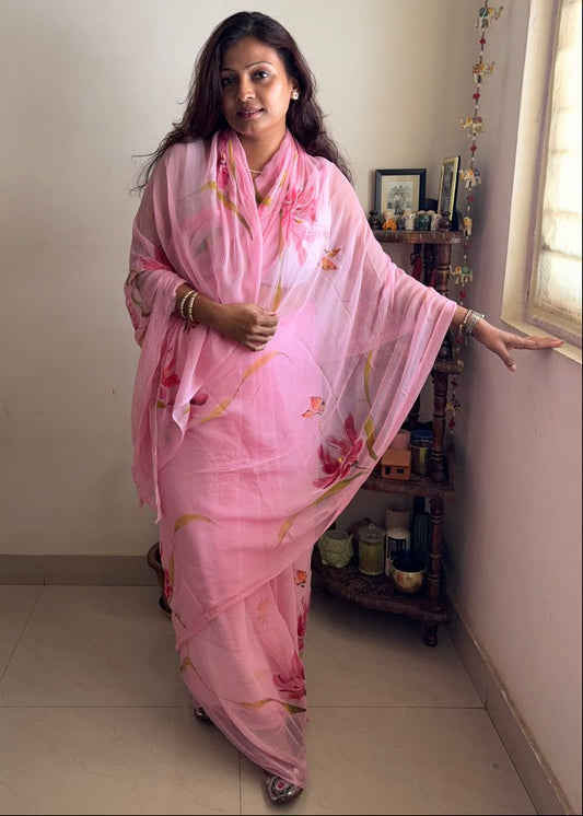 Handpainted chiffon saree - Pink 1