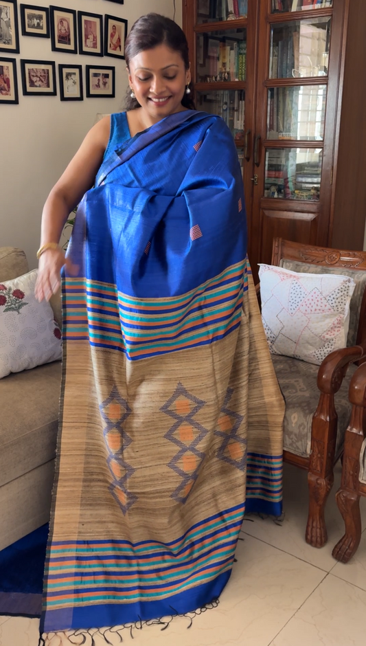 Pure Tusshar silk handloom saree - Blue and raw silk