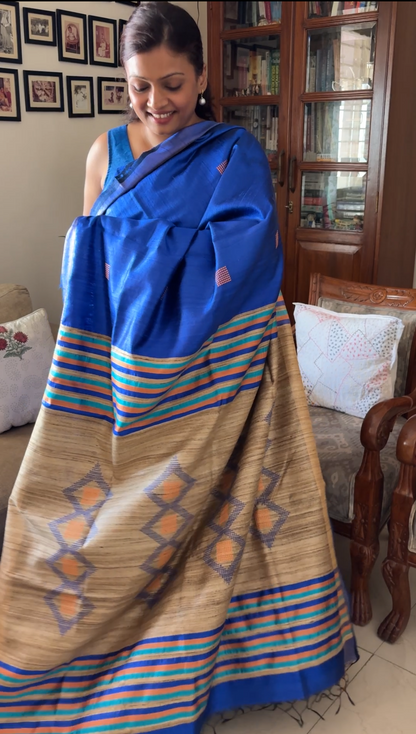 Pure Tusshar silk handloom saree - Blue and raw silk