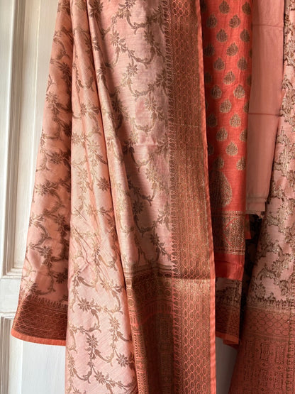 Muslin cotton 3 piece Banarasi suit material - Peach orange
