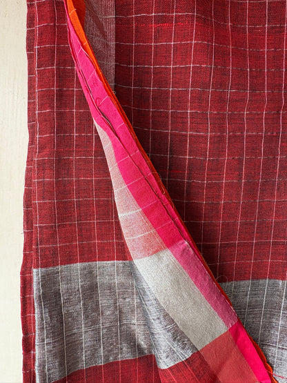 Linen handwoven check saree - Maroon