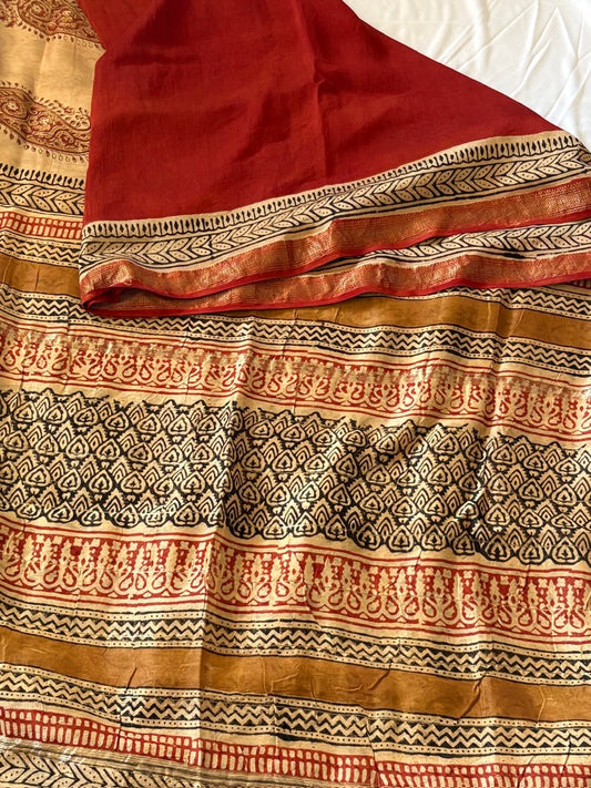 Maheshwari silk handblock printed saree - Red 1