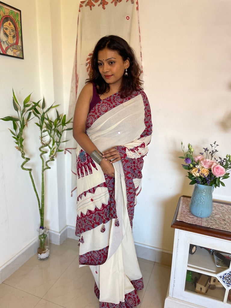 Handmade patchwork cotton saree - White