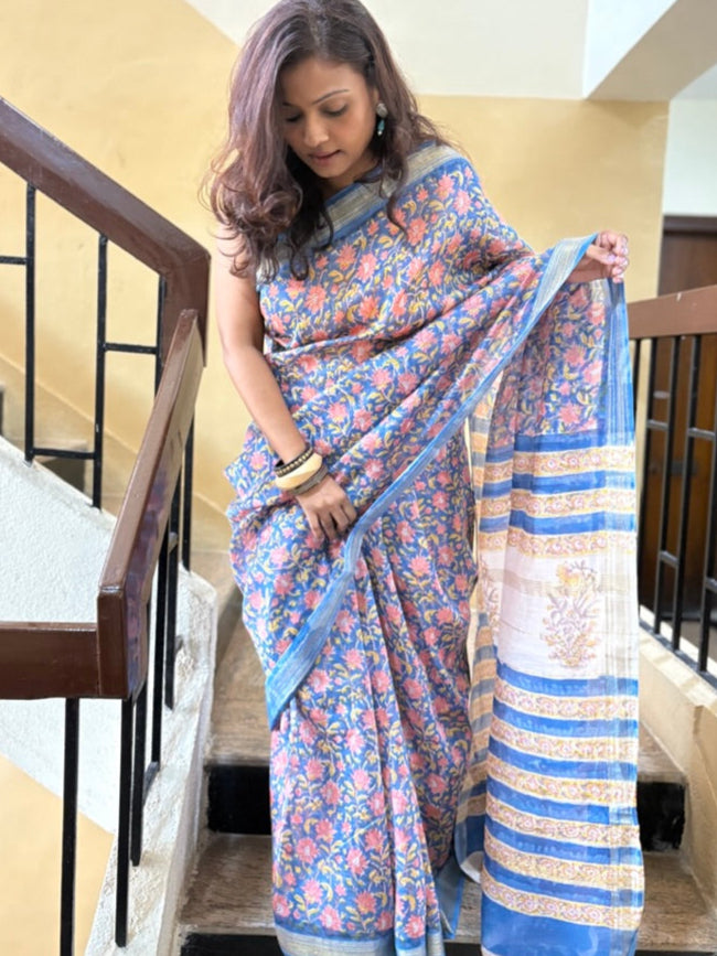 Maheshwari silk handblock print saree - Phool 3