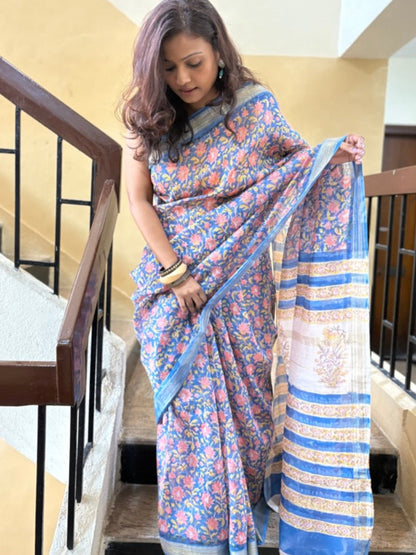 Maheshwari silk handblock print saree - Phool 3