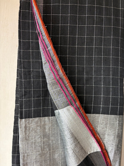 Linen handwoven check saree - Black